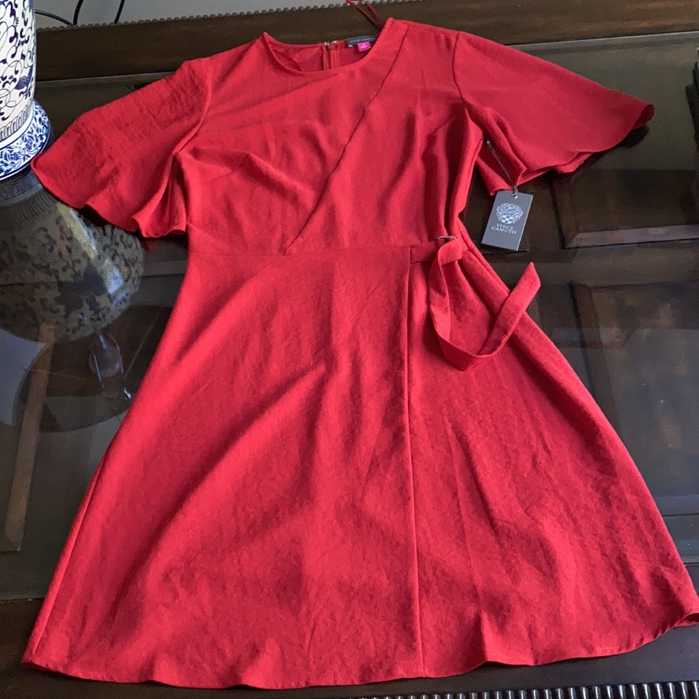 Vince Camuto Flutter Sleeve Rumple Side Tie Dress. - Picture 9 of 14